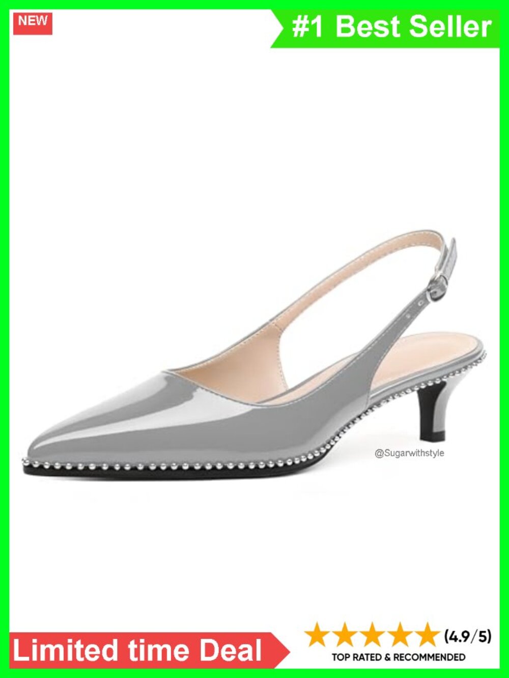 Slingback Kitten Heels Pointed Toe Stiletto Low Heel Ankle Strap Beaded Pumps